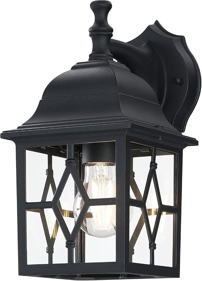 Outdoor Wall Light Fixture, Rustproof Aluminum, Glass | Large Exterior Porch Light Wall Sconce Lantern for House, Patio, Garage, Waterproof, E26 Socket 60W Max, Black
