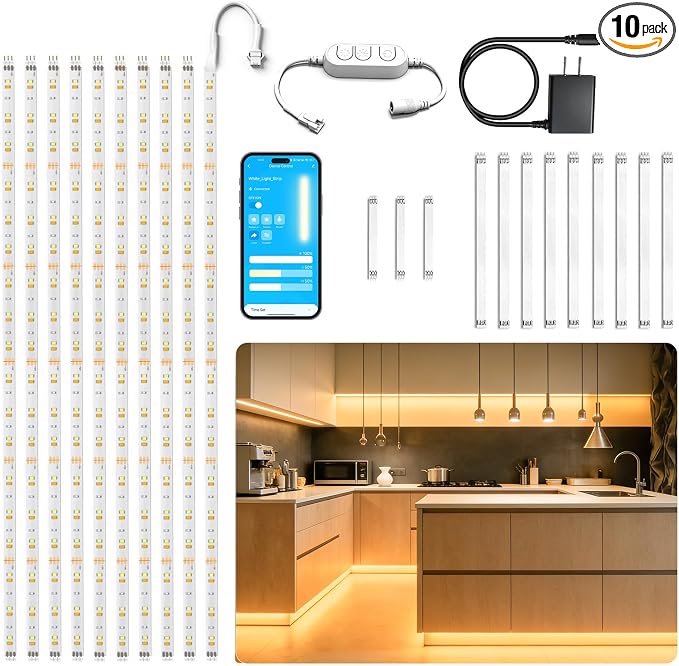DAYBETTER Under Cabinet Lighting Kit,10 PCS White LED Strip Lights with APP | Dimmable,2700K-6500K Dual-Color Warm White,Timing,24V Adapter,Under Cabinet LED Lights for Bedroom,Kitchen,Counter,16.4ft