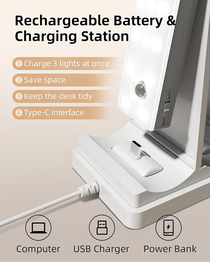 EZVALO 13inch Under Cabinet Lighting with Charging Station, 3200mAh Rechargeable Wireless Motion Sensor Lights, 96 LEDs, 3 Color Temps, Dimmable, Timer, Magnetic, with Remote for Kitchen (6 Pack)