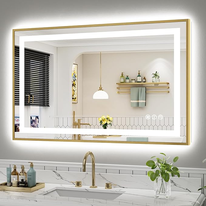 48x30 Inch LED Bathroom Mirror with Gold Frame, Backlit & Front Lit | Anti-fog, 3 Color Dimmable, Memory Function, HD Reflection Tempered Glass, ETL Listed, IP54 Waterproof