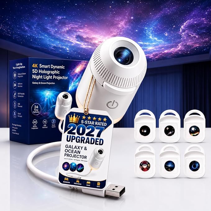 HD Smart Dynamic 5D Holographic Night Light Projector, 2-in-1 Galaxy Projector Night Light for Bedroom, Plug and Play HD Star Projector with 24 Ocean Films, 360° Rotating USB Ceiling Light (6PCS)