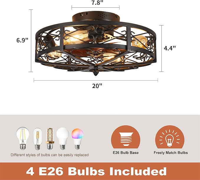 Rustic Black Caged Flush Mount Ceiling Fans with Lights and Remote Vintage Low Profile Bladeless Ceiling Fan, Reversible Motor, E26 Bulbs, 6 Speeds,for Farmhouse, Living Room, and Bedroom