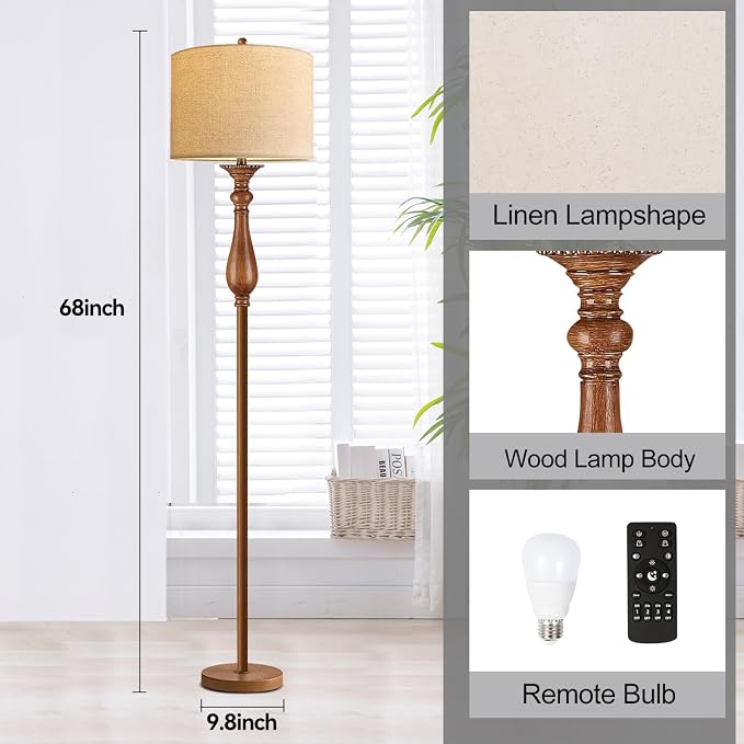 AHDWDW Floor Lamp for Living Room Bedroom,Mid-Century Modern Floor Lamp with Fabric Shade,Farmhouse Boho Floor Lamps with Remote,Dimmable & Adjustable Color Temperature Standing Tall Lamp for Corner