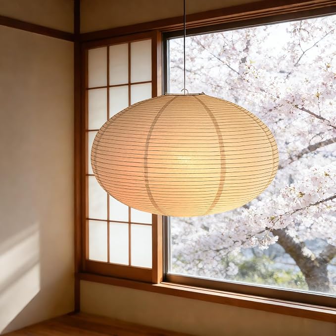 White Paper Lantern, 20-inch Flat Round Lamp Shade | Japanese Style Handmade Hanging Pendant Light Shade for Bedroom, Party and Home Decoration Lighting