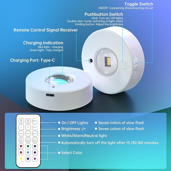 6 Pack Under Cabinet Lighting,Rechargeable Puck Lights with Remote | 1200mAh Battery Operated Tap Lights,RGB Dimmable Under Cabinet Lighting,Wireless Push Light,LED USB Shelf Light