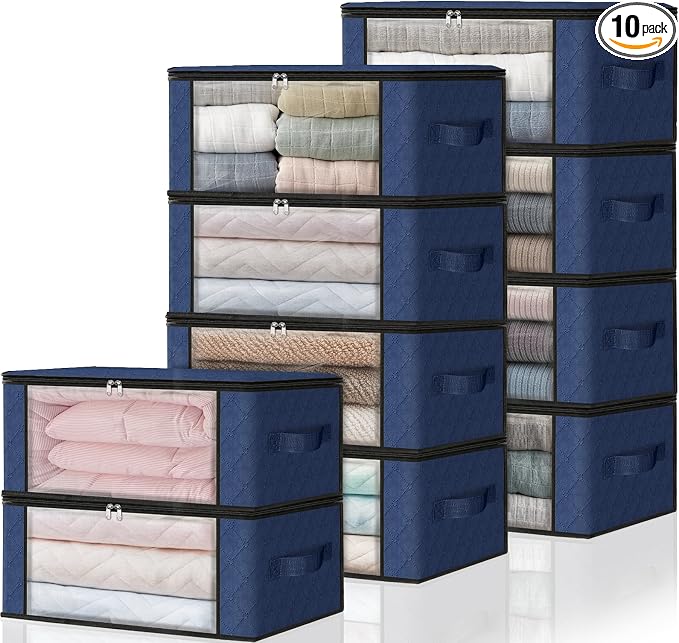 HomeHacks 10-Pack Clothes Organizer Storage Bags, 35L Storage Bins, Blue | Foldable Storage Box Container with Zippers, Clear Window, Reinforced Handles for Closet, Dorm, Pillows, Bedding, Sweater