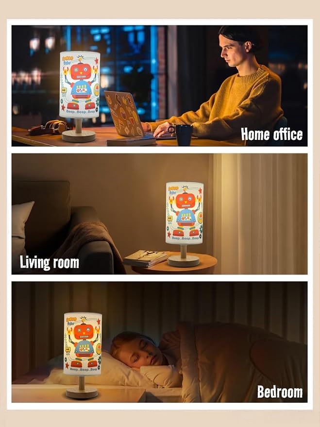 Robot Kids Table Lamp for Bedroom Boys Bedside Lamps,3 Color Dimmable Nightstand Night Light with Cartoon Robot Lampshade and Wood Bas for Bedroom Living Kid Room Study for Practical Gift for Boys