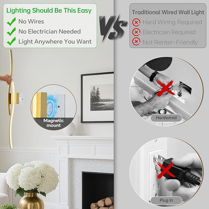 Battery Operated Wall Sconce Set of 2, Dimmable Modern LED Wireless Wall Light with Remote Control, Sconce Wall Decor for Living Room, Hallway, Quick Install, No Electrician Required