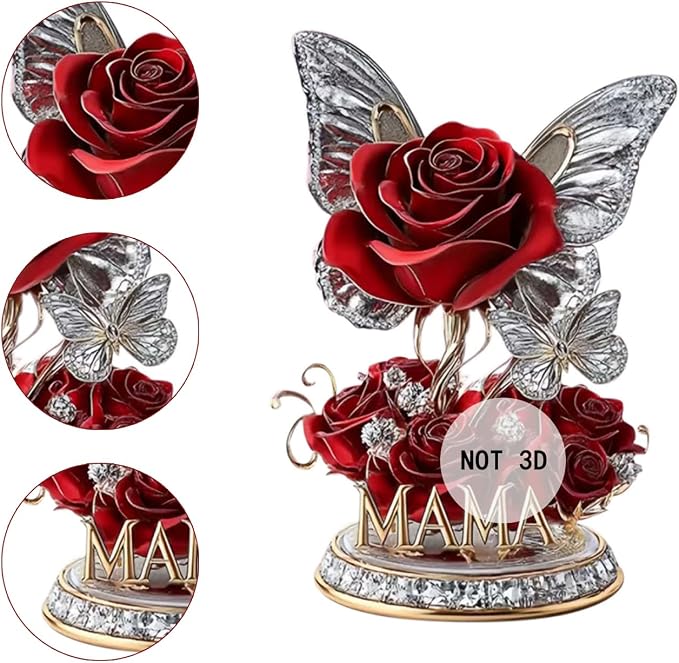 Mother's Day Decor Rose Flower Ornaments 2D Acrylic Desktop Ornament Rhinestones Butterfly Designs DIY Crafts Decoration Gift Mothers Day Flat Ornament for Home Tabletop Decor