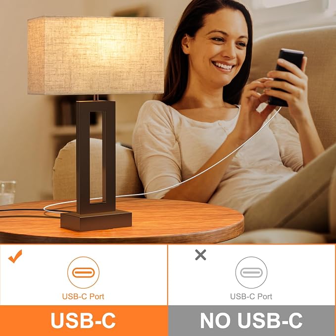 Seealle Bedroom Lamps for Night Stands - Touch Control, 3 Way Dimmable, USB C+A Charging, LED Bulbs, Easy Assembly(Yellow&Coffee)