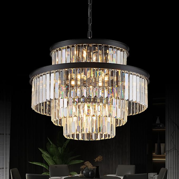 15 Lights Black Crystal Chandeliers 22" 4-Tier Luxury K9 Crystal Lighting Modern Round Ceiling Pendant Light Fixture for Living Room Dining Room Bedroom Kitchen Foyer