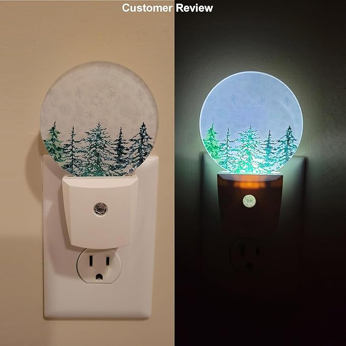 EKOBLA Winter Pine Trees Woodland Night Light Snow Falling Snowflakes Green Woods Plug-in Nightlights Auto Sensor LED for Men Women Boys Girls Christmas Holiday Gift