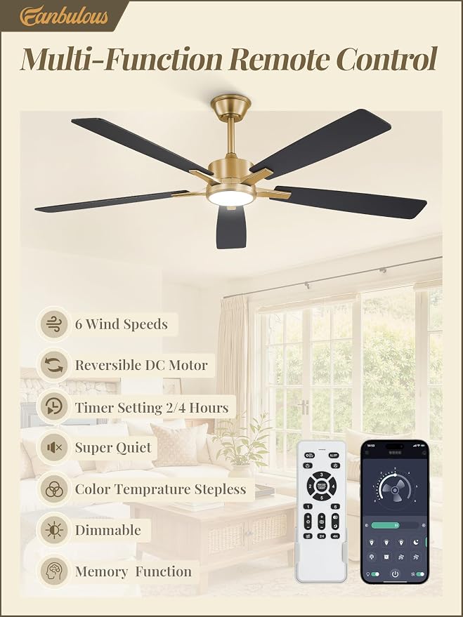 Fanbulous 60 Inch Black and Gold Ceiling Fan with Light Remote & APP | Stepless CCT & Dimmable Light, 20W LED Ceiling Fans, 6 Speeds, Reversible Quiet DC Motor, for Bedroom Living Room Apartment