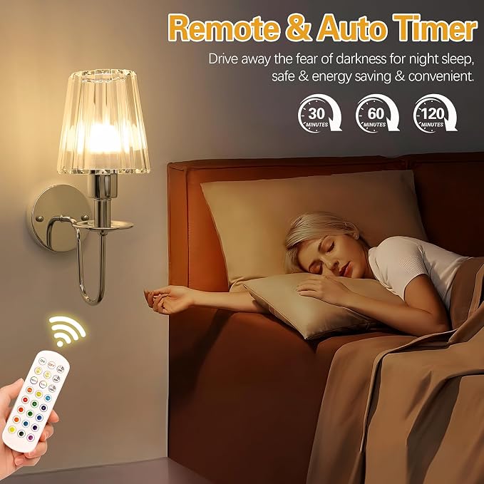 Battery Operated Wall Sconces Set of 2, Sliver Crystal Wall Lights | 5200mAh rechargeable wall lights with magnetic bulbs, remote control, 15 colors, 10-level dimming and timer for bedrooms