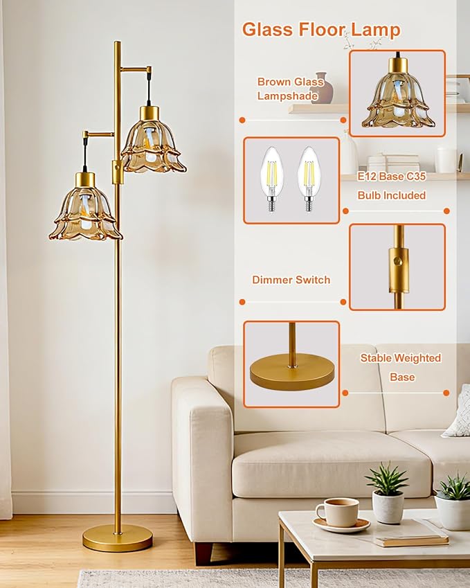 Lightdot 65IN Gold Flower Floor Lamp for Living Room, 2- Light Dimmable Floor Lamps with Brown Glass Lampshade, 3000K Warm White Modern Standing Tall Lamp for Bedroom Sofa Beside Corner Decor