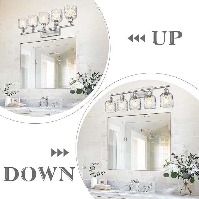 zeyu Modern Brushed Nickel Bathroom Lights Fixture, 35 Inch 5 Light Vanity Lighting Over Mirror, Brushed Nickel Finish with Clear Hammered Glass, ZJF63B-5W BN
