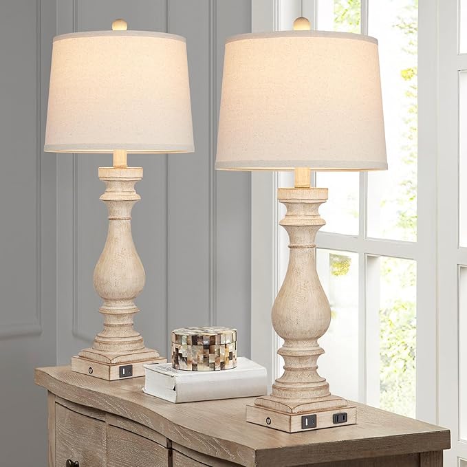 29" Tall Table Lamp for Living Room Set of 2,Farmhouse Nightstand Bedside Lamps with USB C+A Ports & AC Outlet,3-Way Dimmable Touch Control Desk Lamp for Bedroom,Color 1