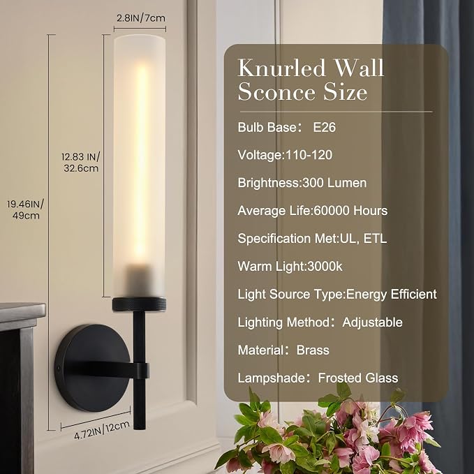 Modern Hardwired Frosted Glass Bathroom Black Wall Sconces 2PC, Handmade Knurled Wall Light Fixture,Vanity Light for Living Room,Hallway, Bedroom, 20" Indoor Wall Lamp, Bulb Included