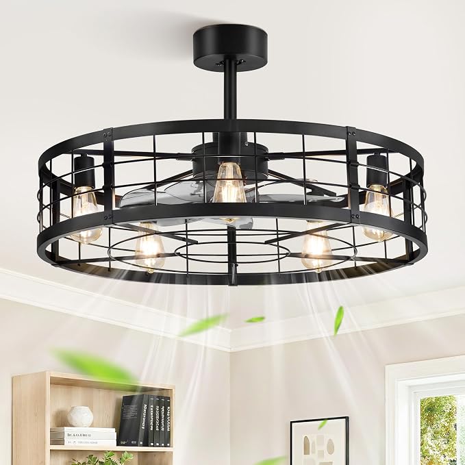 LEDIARY 30 inch Fandelier Caged Ceiling Fan with Light and Remote, Black | 6 Speed Adjustable,Timing, Quiet & Powerful DC, Large, Farmhouse, Industrial, Enclosed, Bladeless, Bedroom, Kitchen, Downrod