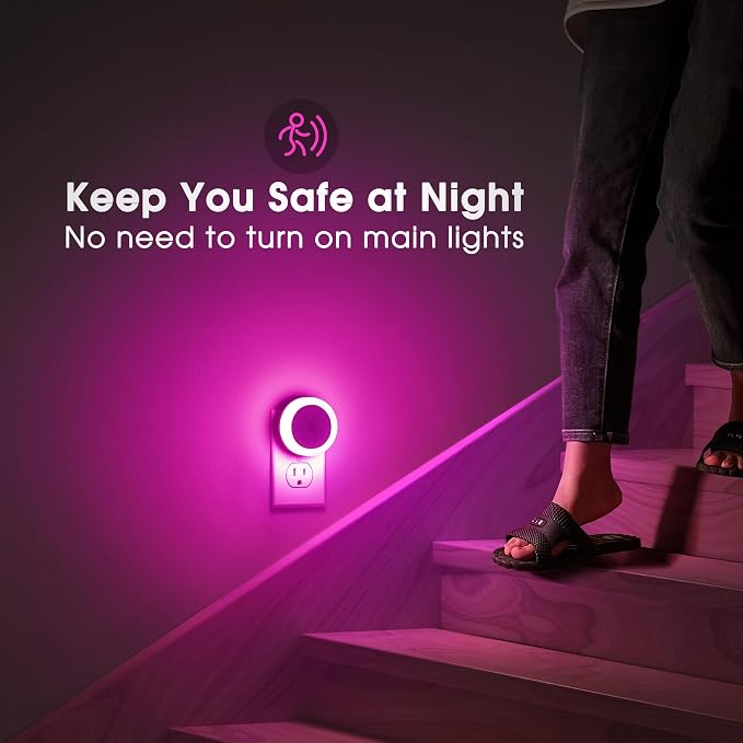 Purple Night Light, Night Lights Plug into Wall [4Pack] | Nightlight with Light Sensors for Kids Room, Baby Night Light, Bathroom Stair Lights, Hallway Light