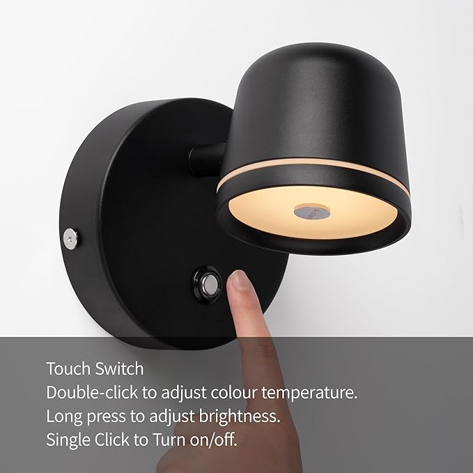 Aisilan Wall Sconce Set of 2, Hardwired Touch Dimmable Wall Light with 3 Color Temperatures, Adjustable 7W LED Wall Lamp CRI97, Modern Black Aluminum Sconce for Bedroom Bedside Hallway
