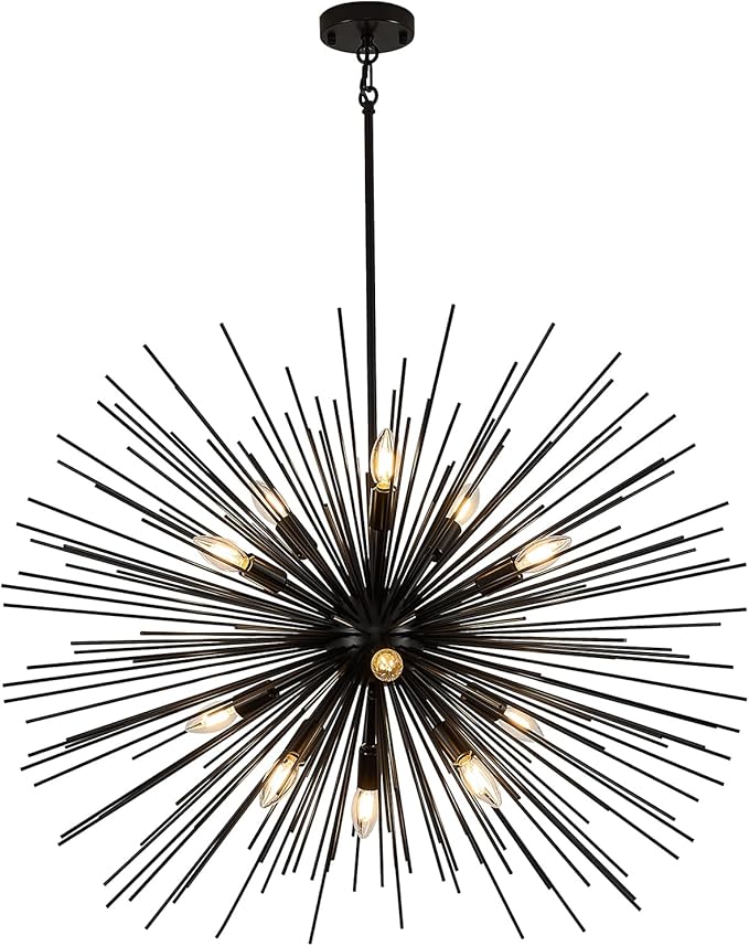 35in Black Sputnik Chandelier 12-Light Starburst Chandelier Light Fixture Solid Metal Mid-Century Modern Satellite Light Fixture for High Ceiling Living Room Dining Room Foyer, E12