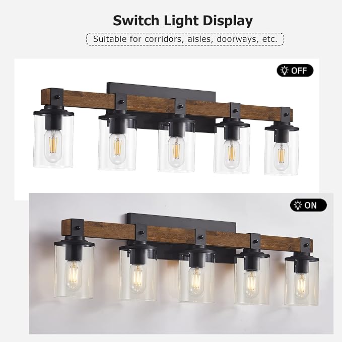 DUJAHMLAND Farmhouse Vanity Lights, 5-Light Wood Bathroom Wall Lighting with Clear Glass, Industrial Metal Wall Sconce for Bedroom, Kitchen, Hallway (Antique Wood, 5-Light)