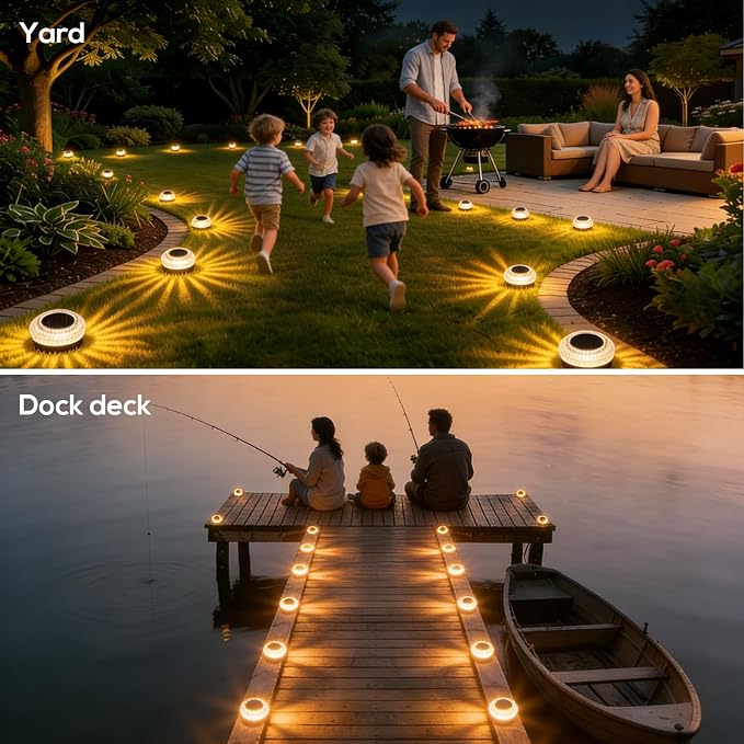 Solar Deck Lights Outdoor - IP67 Waterproof Solar Driveway Dock Lights, 12PK Solar Pthway Lights, Outdoor Warning Step Lights for Driveway Sidewalk Garden Pathway Yard Stair Backyard Decor(Warm White)
