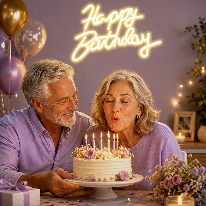 FARNY Happy Birthday Neon Sign for Wall Decor, LED Happy Birthday Light Up Sign, Dimmable LED Birthday Neon Light for Birthday Party Decorations Backdrop,Warm White 16.5"x 12"