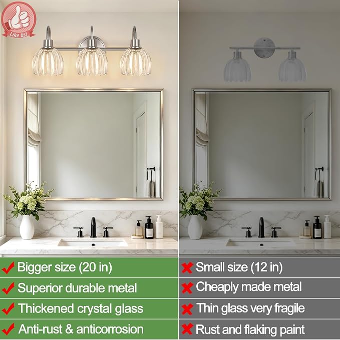 3-Light Bathroom Light Fixtures, 20" Vanity Light Over Mirror with Ribbed Clear Tulip Glass Shades, Brushed Nickel Wall Lights for Bathroom, Bedroom, Living Room, Hallway (Bulb Not Included)