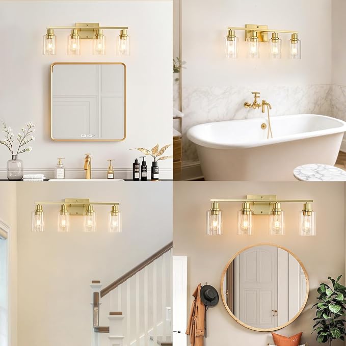 EMONG 4-Light Gold Bathroom Light Fixtures 23.6'' Brushed Gold Vanity Light Over Mirror with Clear Glass Shade Modern Wall Sconce Classic Wall Light Fixture for Hallway Porch Farmhouse Living Room