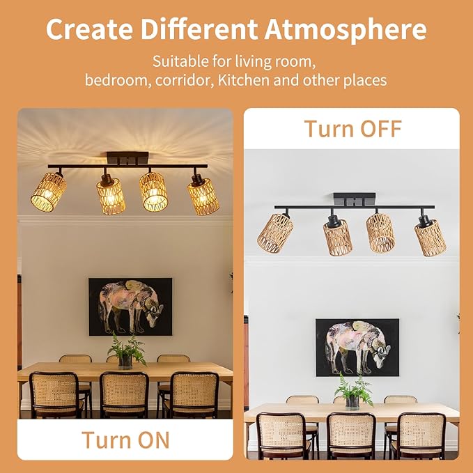 4 Light E26 Track Lighting Fixtures Ceiling Rattan Farmhouse Boho Ceiling Track Lighting, Directional Rotatable Modern Track Ceiling Light Fixtures for Kitchen Bedroom Hallway Porch Foyer