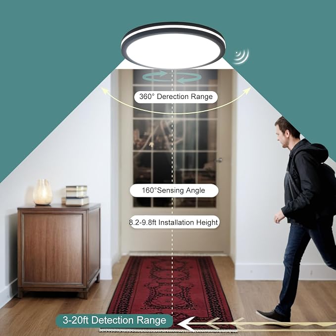 Motion Sensor Ceiling Light, 11 Inch Hardwired Flush Mount 2400LM | Remote Dimmable, 3000K/4000K/6000K, Waterproof, for Closet Hallway Stair Porch Laundry Black