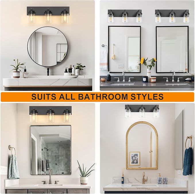 IZORRO Bathroom Vanity Light Fixture, 3-Light 22 Inch Matte Black Bathroom Light Fixtures Over Mirror, with Clear Glass Shade, Modern Farmhouse Vanity Lights, Rustic Restroom Lighting Fixtures