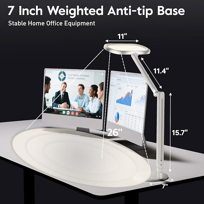 Premium LED Desk Lamp, Dual-Sided Soft Lighting with Knob Remote | Eye-Caring Diffused Light for Home Office, Video Conferencing, Zoom, Reading, Study, Craft, Stepless Dimming & Color, Memory