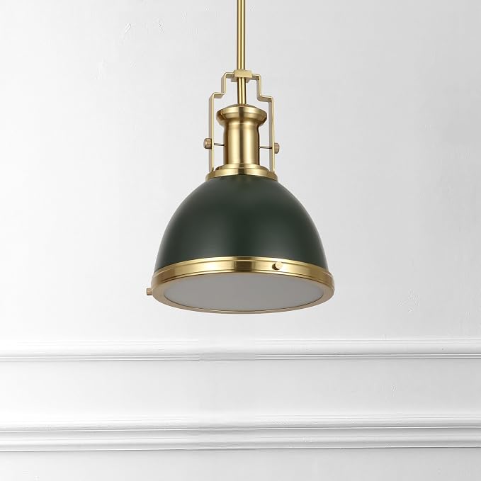 JONATHAN Y Homer Industrial Dome Pendant 10", Kombu Green/Brass Gold | 1-Light, Farmhouse Style, Adjustable Hanging Height, Glass Diffuser, Sloped Ceiling Compatible, Metal, LED Bulb Included