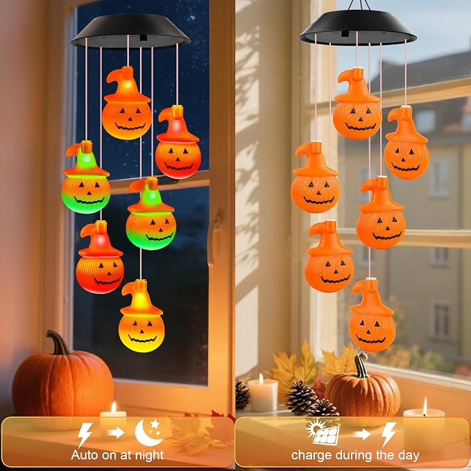 Winzwon Halloween Decorations Fall Decor Solar Pumpkin Outdoor Lights | Birthday Gifts for Women, Autumn Garden Yard Patio Porch Decor Hanging Wind Chimes for Outside