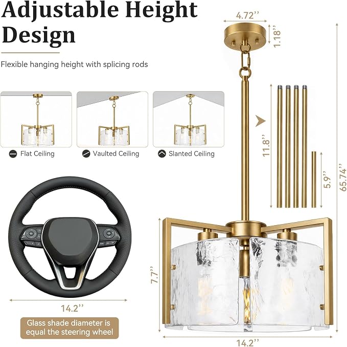 14.2 Inch Gold Chandeliers for Dining Room, Adjustable Height | 3-Light Vintage Entryway Light Fixture, Glass Pendant Lights for Kitchen Island Foyer Bedroom Bathroom