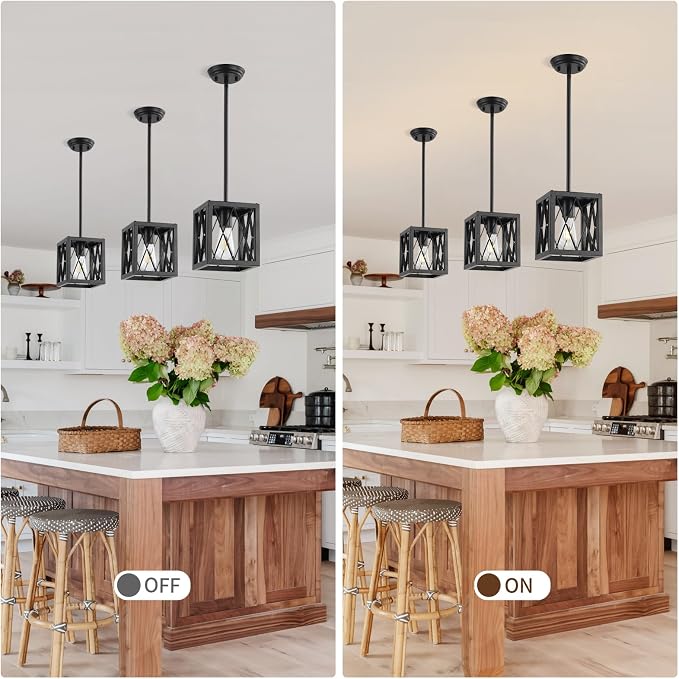 KEESFU Farmhouse Pendant Light with Metal Cage,1 Light Black Pendant Lighting for Kitchen Island,39 Inch Adjustable Rods for Flat and Slop Ceiling,Kitchen Island Hallway Foyer.2 Pack.