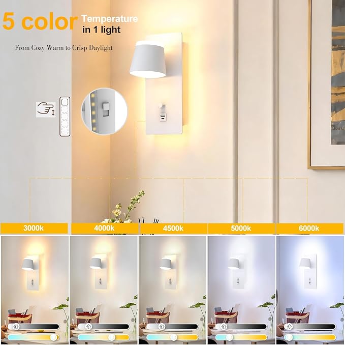 Plug in LED Wall Sconce Set of Two,Dimmable Bedside Wall Light with Dimmer and USB&C Ports,5CCT（3000K-6000K） LED Wall Mounted Lighting for Bedroom,Stairway,Basement,Cafe,Home Decor(2 Packs)