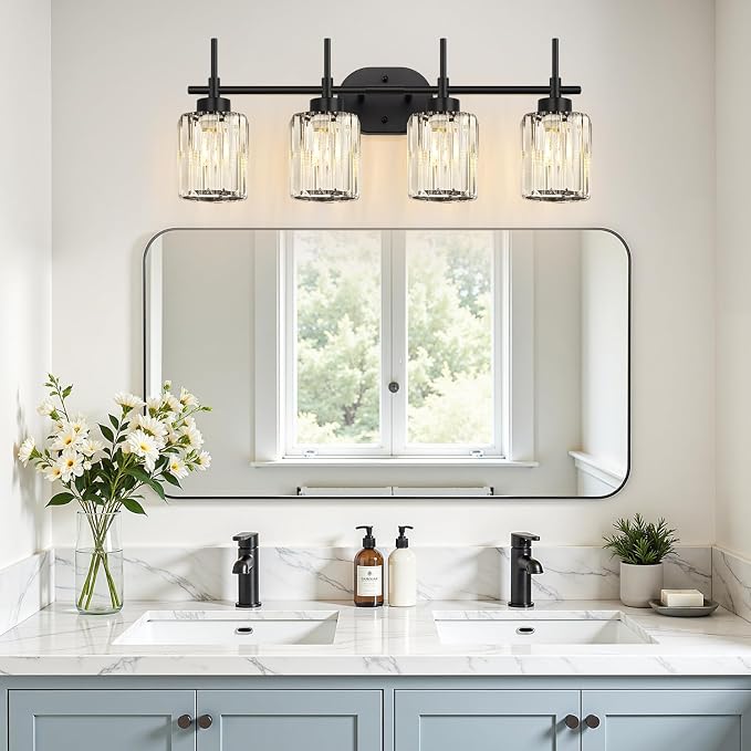 Matte Black 4-Light Crystal Bathroom Vanity Light, Modern Bathroom Light Fixture Over Mirror, Black Vanity Lighting for Bathroom, Bulbs Not Included