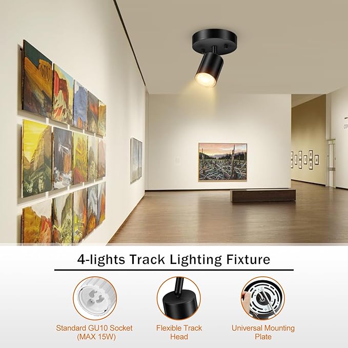 Track Lighting Fixture Ceiling, Modern LED Track Lighting Kit, Black Ceiling Light for Kitchen, Rotatable Spotlight Heads, Wall Mount Spot Lighting for Island/Bedroom(GU10 Socket, NO Bulb)