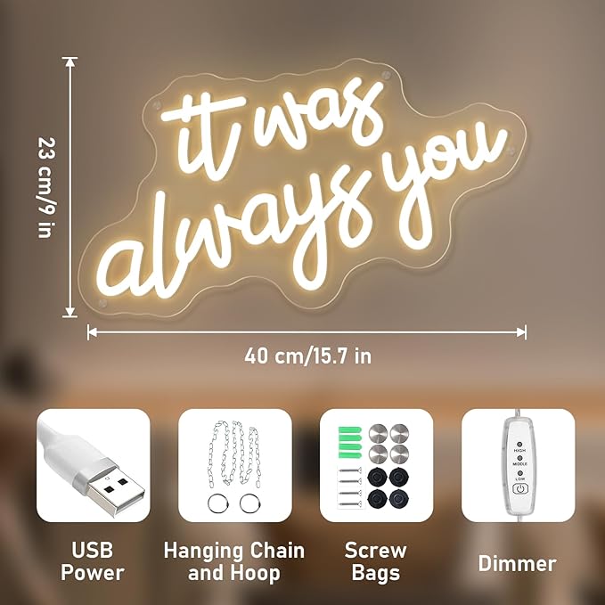 It's Always You Neon Sign Warm White Wedding Neon Signs USB Powered LED Signs for Bedroom Wall Decor Light up Signs for Festival Anniversary Valentane's Day Birthday