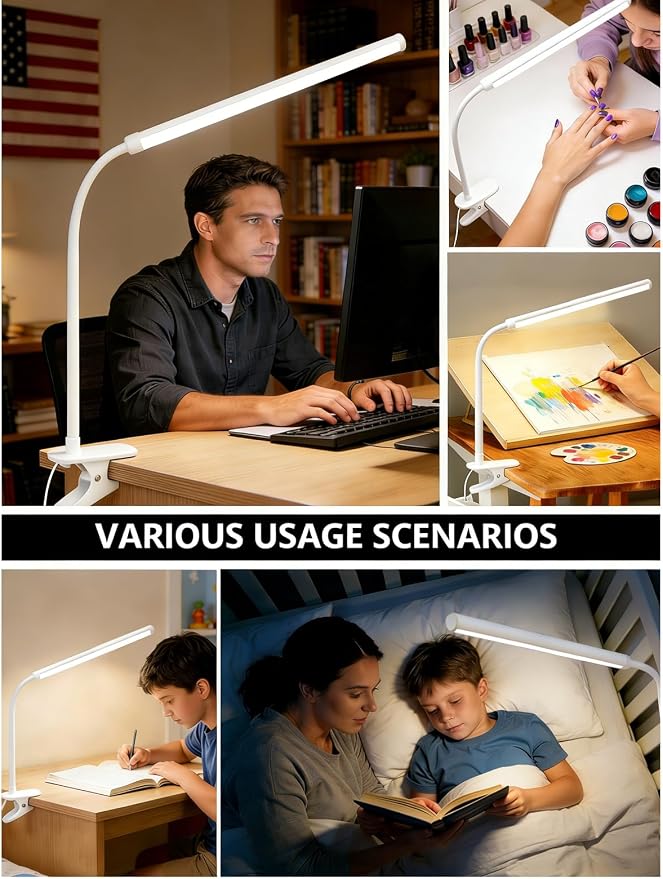 2 Pack LED Clip On Reading Light,Desk Lamp with Clamp,Curved Monitor Light Bar,Bedside Table Lamp for Home Office Bedroom Dorm Study Workbench Task Lighting,Eye Caring Computer Screen Lamp