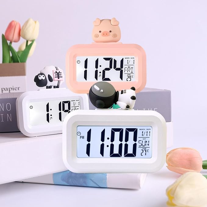 Cartoon Desktop Electronic LED Clock Cute Alarm Temperature (Pink Piggy)