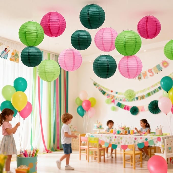 Hot Pink Green and Pink Paper Lanterns 12Pcs Hanging Round Paper Lanterns Decorative for Graduation Baby Shower Wedding Birthday Family Parties ﻿