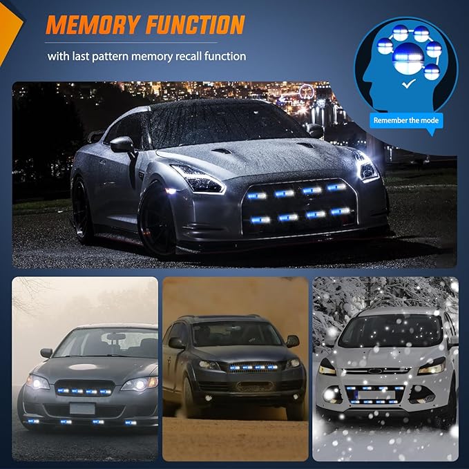 Nilight 8PCS Led Strobe Lights with Controller 12V 24V Sync Feature Blue White Strobe Light 12 LED Surface Mount Emergency Hazard Warning Lights with Strobe Controller for Vehicle Car Truck RV ATV