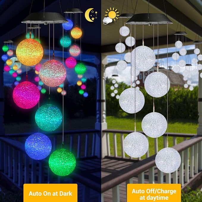 Toodour Solar Wind Chime, Color Changing Ball Wind Chimes Gifts for Mom | LED Decorative Mobile, Gifts for Grandma, Waterproof Outdoor Solar Lights for Garden Patio Party Yard Window Outdoor Decor