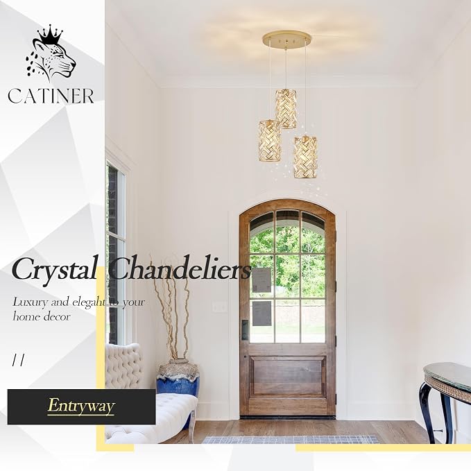Gold Crystal Cluster Pendant Light, 3-Light Kitchen Island Hanging Light | 3-light gold crystal cluster pendant with adjustable height, E26 sockets, dimmable for kitchen islands and dining rooms