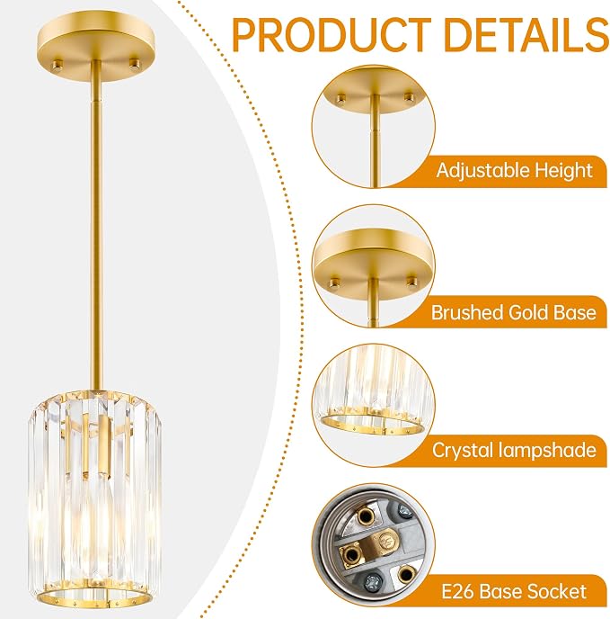 Gold Pendant Light, Modern Crystal Pendant Lights Kitchen Island, Kitchen Island Lighting with Adjustable Height, UL Certified Island Lights for Kitchen Dining Room Bedroom Hallway 3 Pack